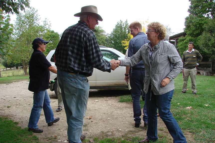 a man and a woman shaking hands outside, with people and a car in the background