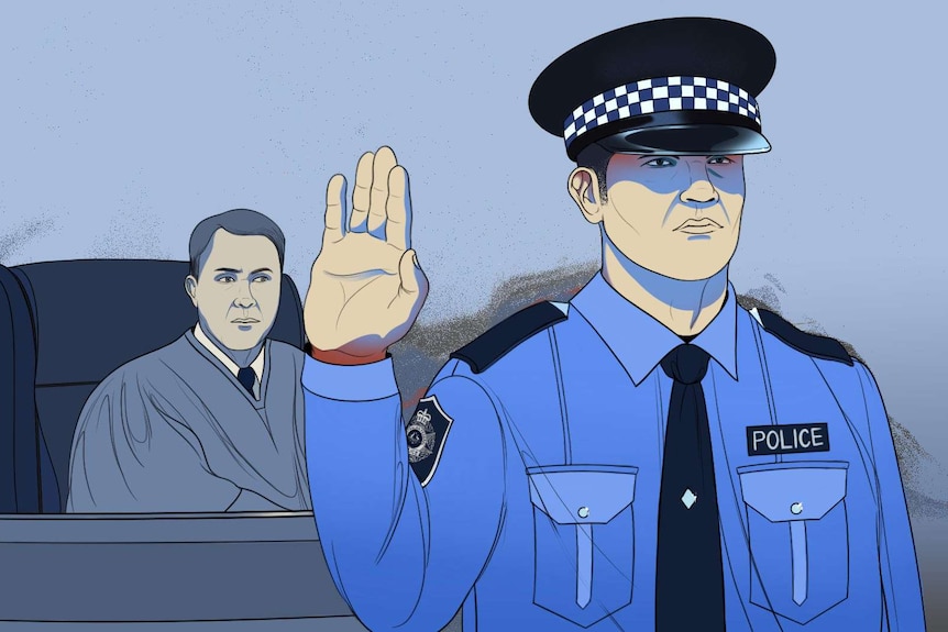 Une illustration montre un policier prêtant serment devant un tribunal, un juge regardant derrière lui