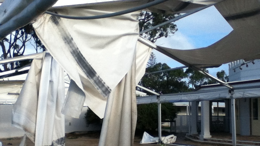 A marquee at the Rottnest Hotel lies in tatters in the wake of the fierce storm.