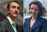 A composite image showing Dave Sharma and Allegra Spender standing on the waterfront. 
