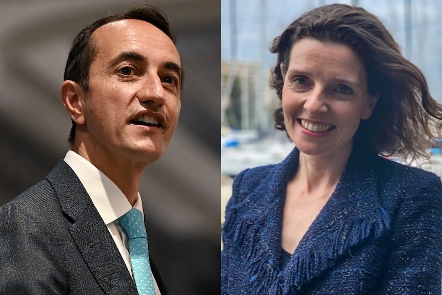 A composite image showing Dave Sharma and Allegra Spender standing on the waterfront. 