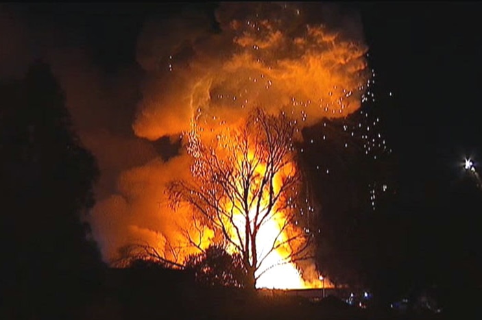 Night view of factory fire in Mitchell, Canberra