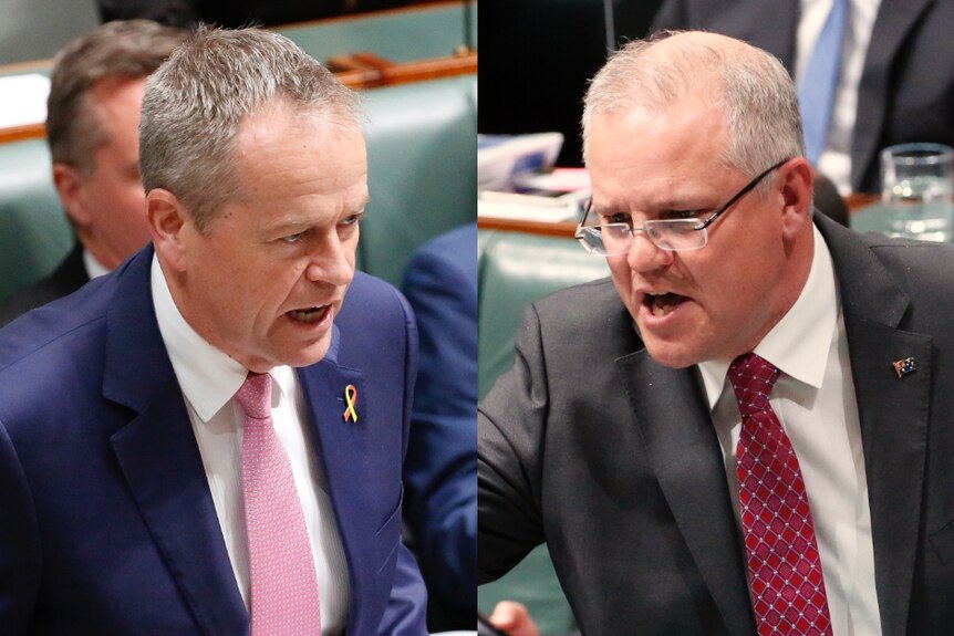 Photos of Bill Shorten and Scott Morrison, both mid-sentence and looking at each other.
