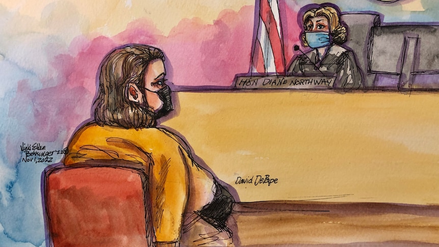 A courtroom sketch shows a man with shoulder-length hair sat before a judge in a health mask. 