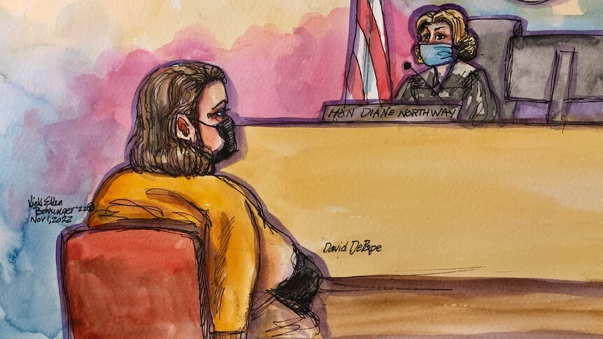 A courtroom sketch shows a man with shoulder-length hair sat before a judge in a health mask. 