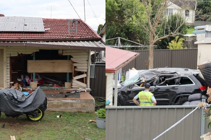 Composite image of house with hole (left) after SUV crashed through into backyard (right)