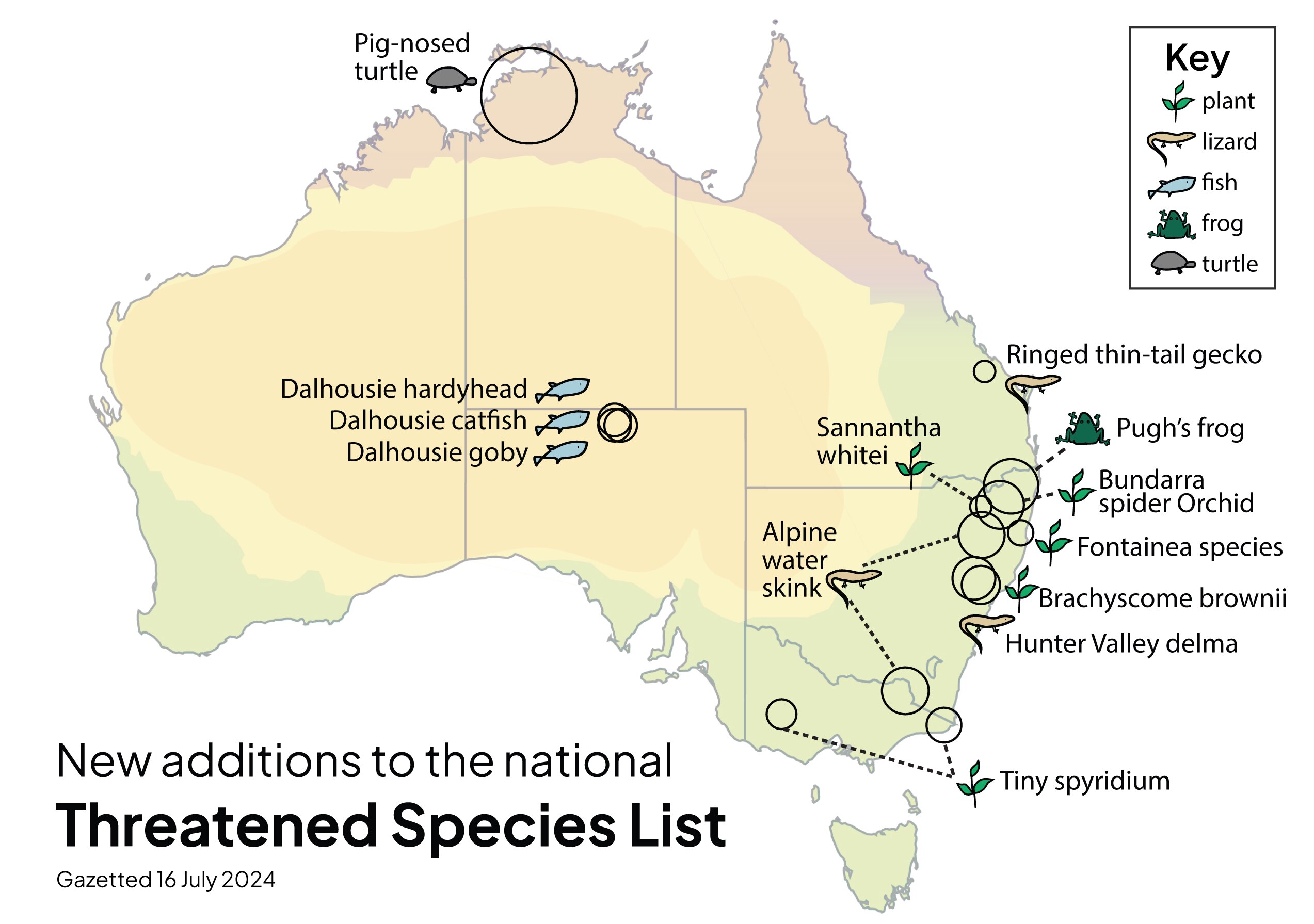 A map of Australia showing where the new threatened species are located. 