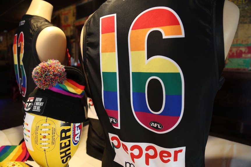 A photo of St Kilda Football Club's rainbow guernsey for its 2016 pride game.