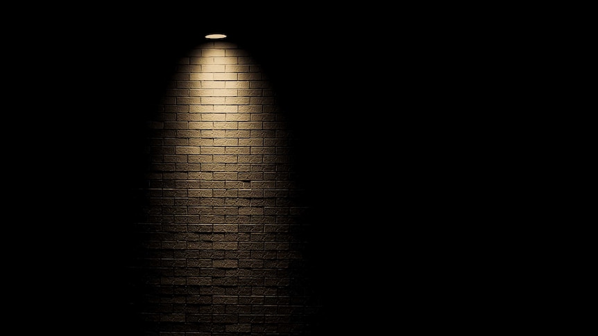 A single light, lights up a brick wall and pathway.