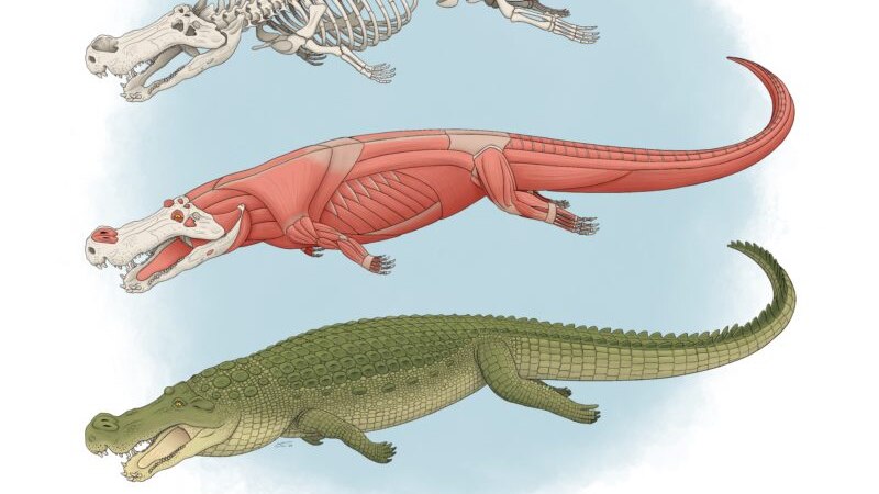 An illustration shows the skeleton, musculature and a full body view of a gigantic prehistoric crocodile.