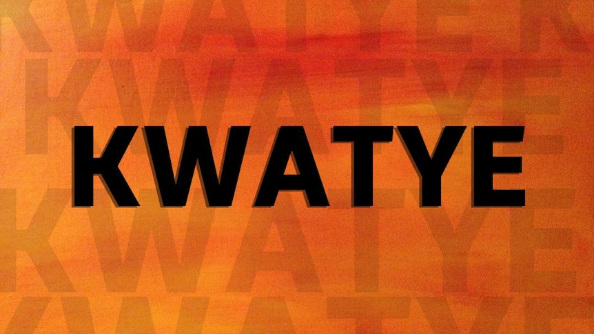 The word 'kwatye' is written in thick black text with an orange gradient background. 