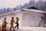 Firefighters spray foam on a structure in a national park