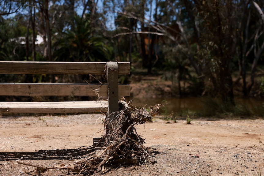 Debris remains tangled on a seat overlooking the river next to the cause way between Shepparton and Mooroopna