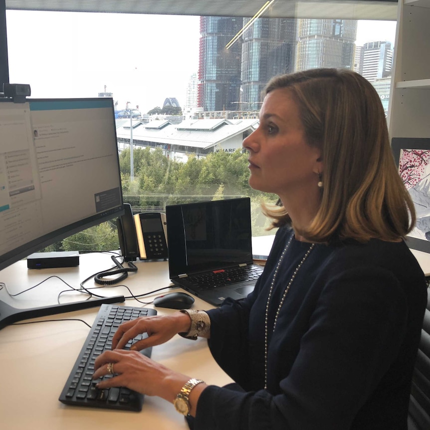 Australian eSafety Commissioner Julie Inman Grant types at a computer.