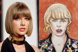 A composite image of Taylor Swift, and a court sketch in her likeness.