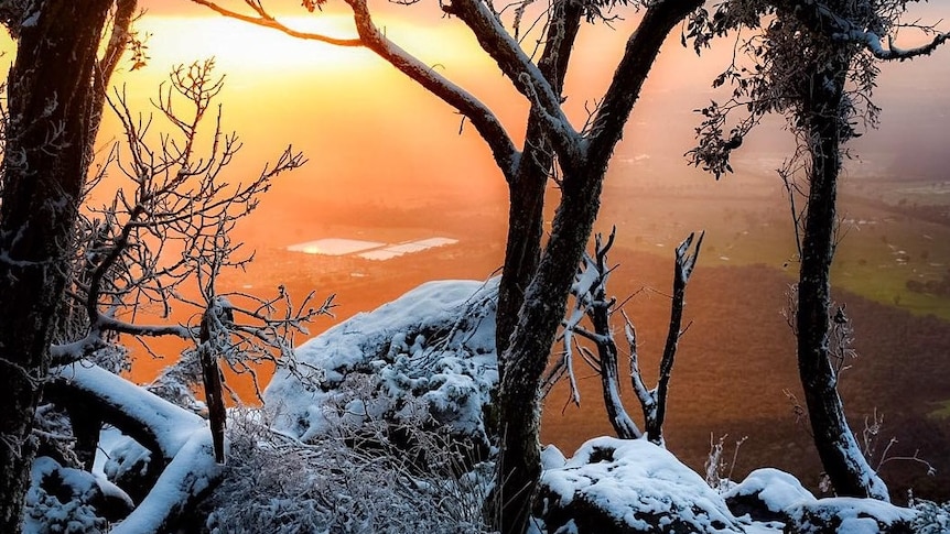 Sunrise from a snowy lookout in the Grampians, Victoria