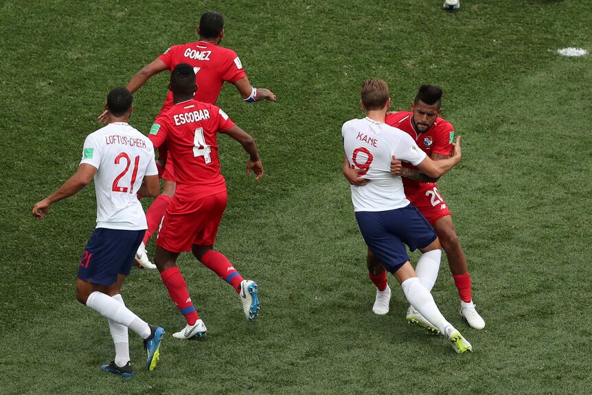 Harry Kane is fouled against Panama