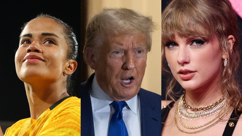 A composite of three images: Mary Fowler smiling, Donald Trump speaking and Taylor Swift posing for a photo