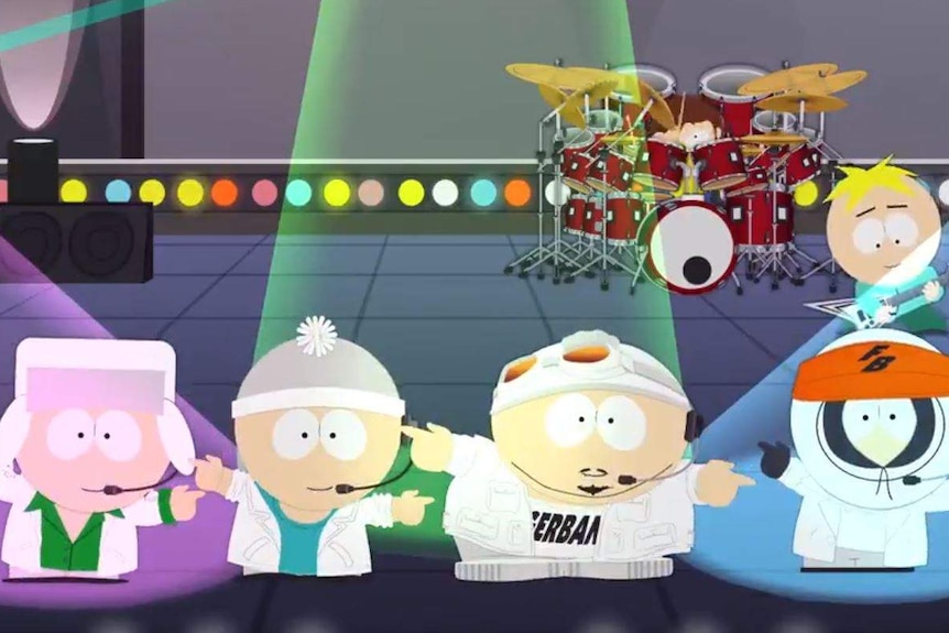 South Park characters dance in cartoon.