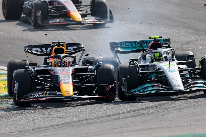Max Verstappen and Lewis Hamilton come together on track in Brazil