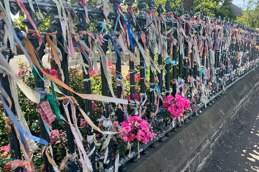 ribbons tied to the fence of st patricks cathedral ballarat