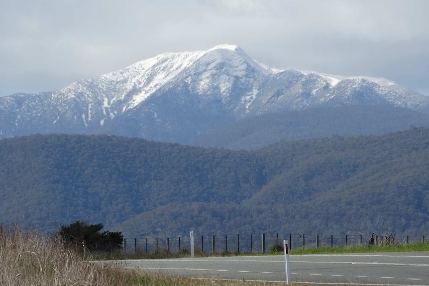 A wide shot of Mount Buller, Victoria, showing snow covered peaks from a distance