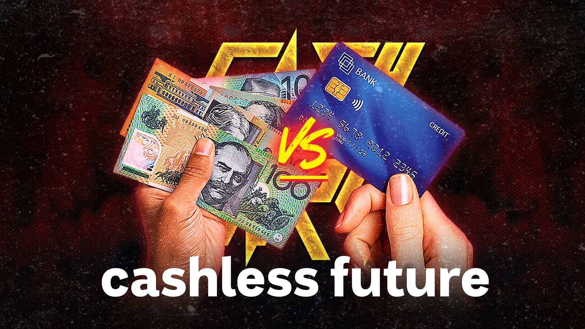 A hand holding bank notes is separated from a hand holding a credit card by a "vs" symbol.