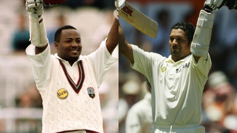 Composite image of West Indies' Brian Lara and India's Sachin Tendulkar raising their bats and helmets after Test centuries.