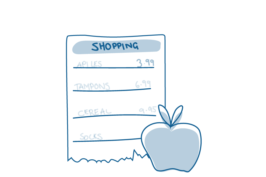An illustration of two apples sitting next to a paper shopping bag.