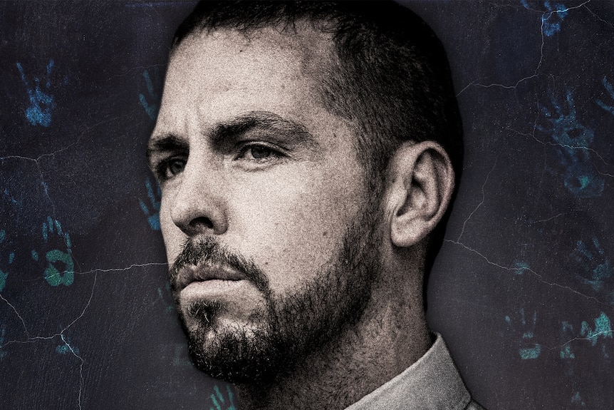 A graphic image of a serious young man wearing a shirt and tie. Behind him is blue handprints.