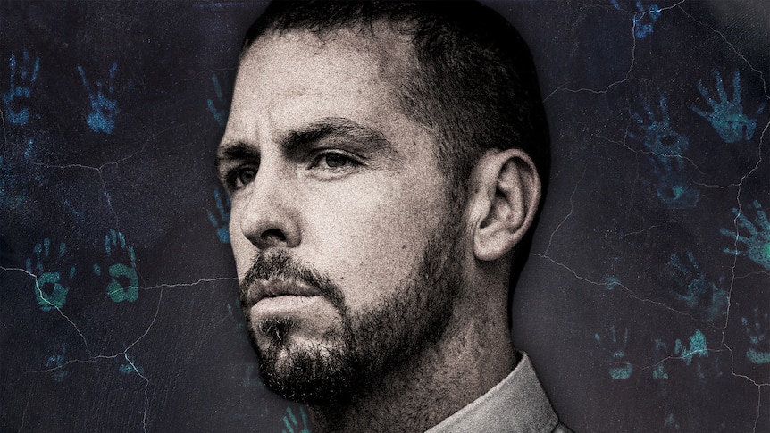 A graphic image of a serious young man wearing a shirt and tie. Behind him is blue handprints.