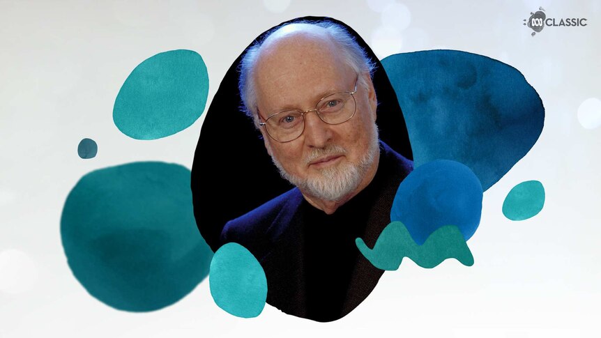 An image of composer John Williams with stylised musical notation overlayed in tones of teal.