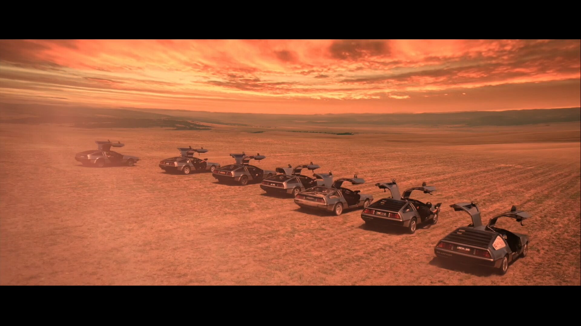 A fleet of DeLoreans at Lake George, in the film Blue World Order