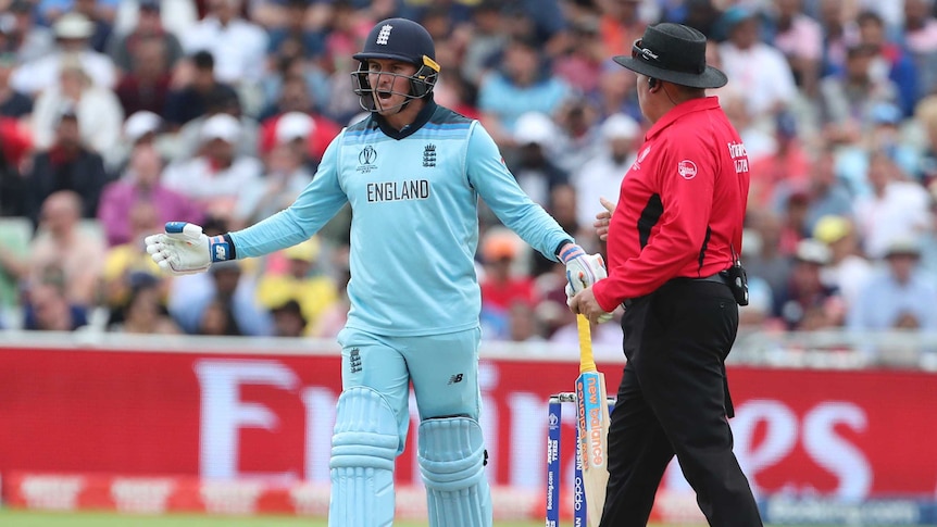 Jason Roy holds out his hands in disbelief as the umpire approaches