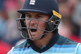 Jason Roy holds out his hands in disbelief as the umpire approaches