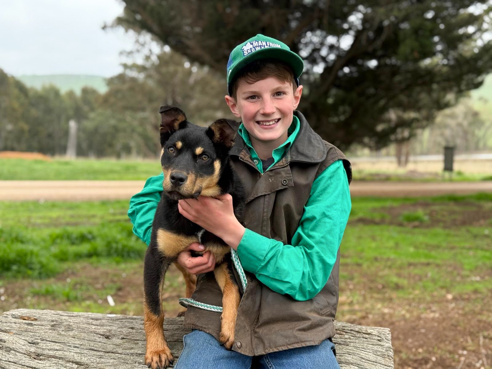 Un niño pequeño sostiene a su cachorro Kelpie bajo el brazo y sonríe.