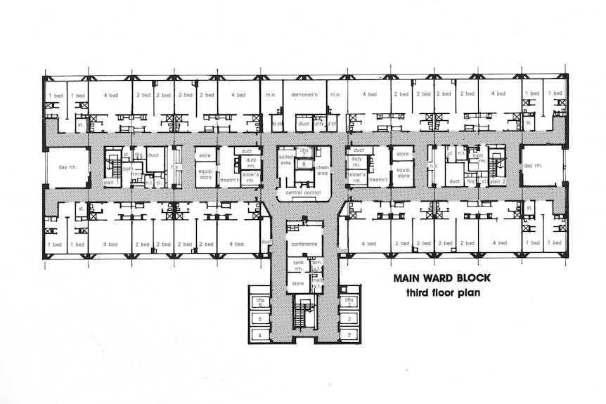 A floorplan for a hospital ward.