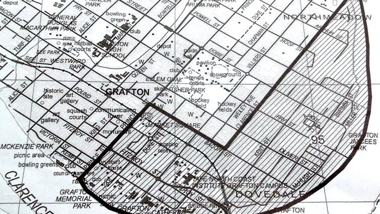 Grafton flood map with areas being evacuated highlighted in black.