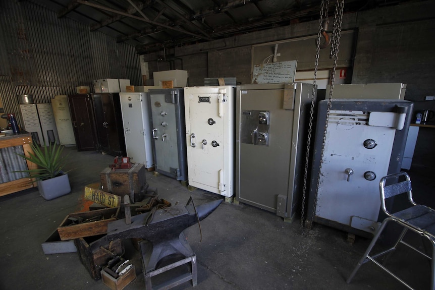 Large safes lined up in a row in Lilydale, north-east Tasmania.