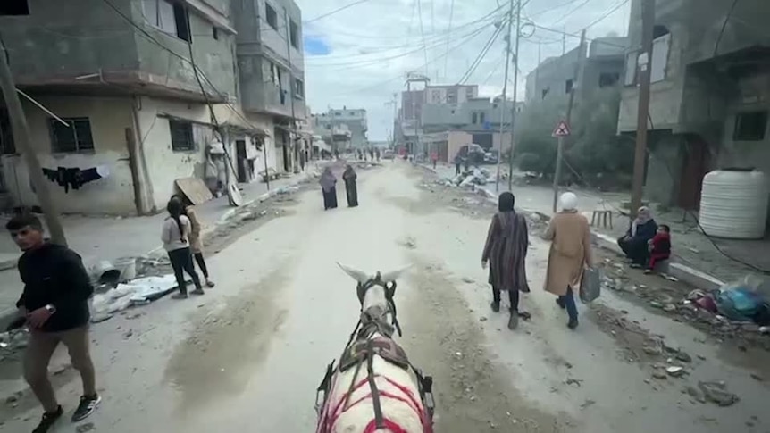 A donkey wearing a red harness walks behind several people with piles of rubble on either side of it.