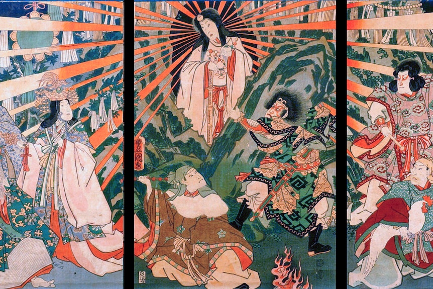 A large Japanese mural shows the Goddess in the centre radiating and surrounded by other Japanese figures.