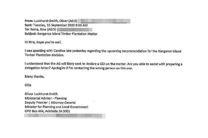 An email from Vickie Chapman's ministerial planning adviser pertaining to a timber plantation on Kangaroo Island.