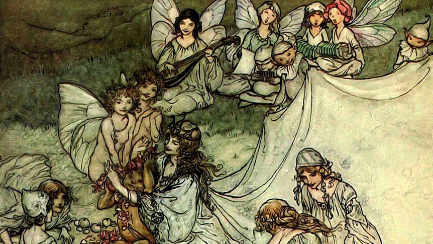 Illustration of Midsummer Nights Dream. Fairies around a pond.