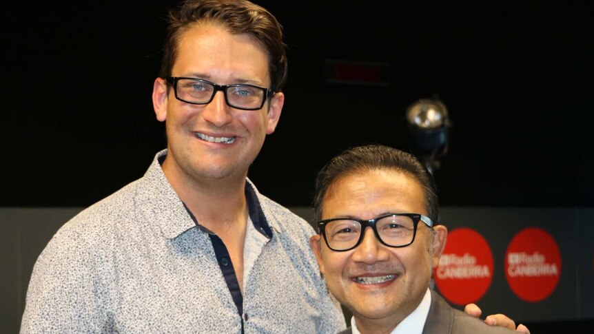 ABC Radio Canberra breakfast host Dan Bourchier with Indonesia's Ambassador to Australia Kristiarto Legowo.