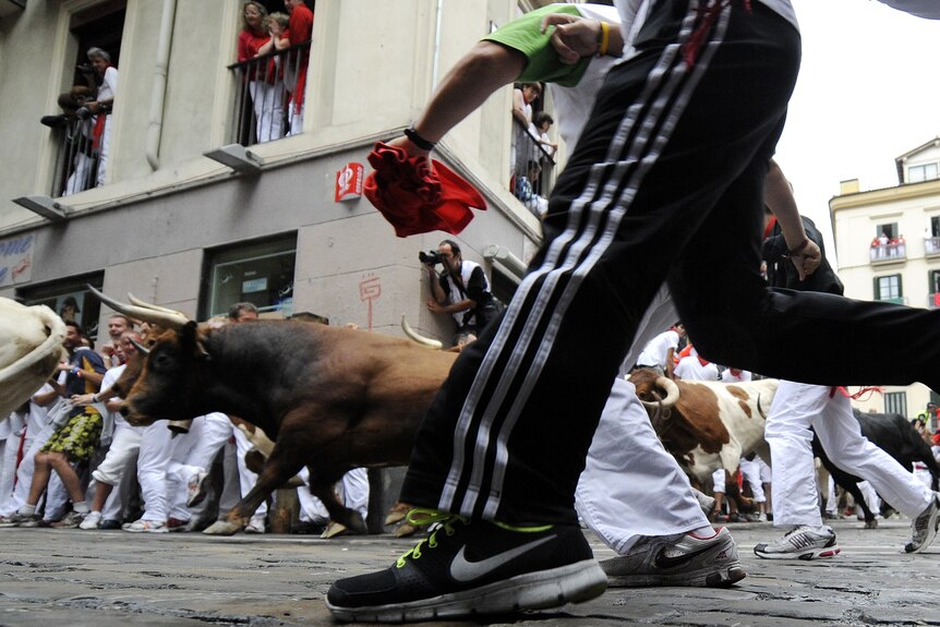 Crowds run with the bulls through the streets of Pamplona