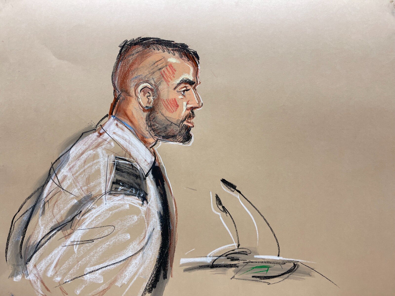 a white man in a white police uniform with short hair stands behind a microphone speaking in a court sketch
