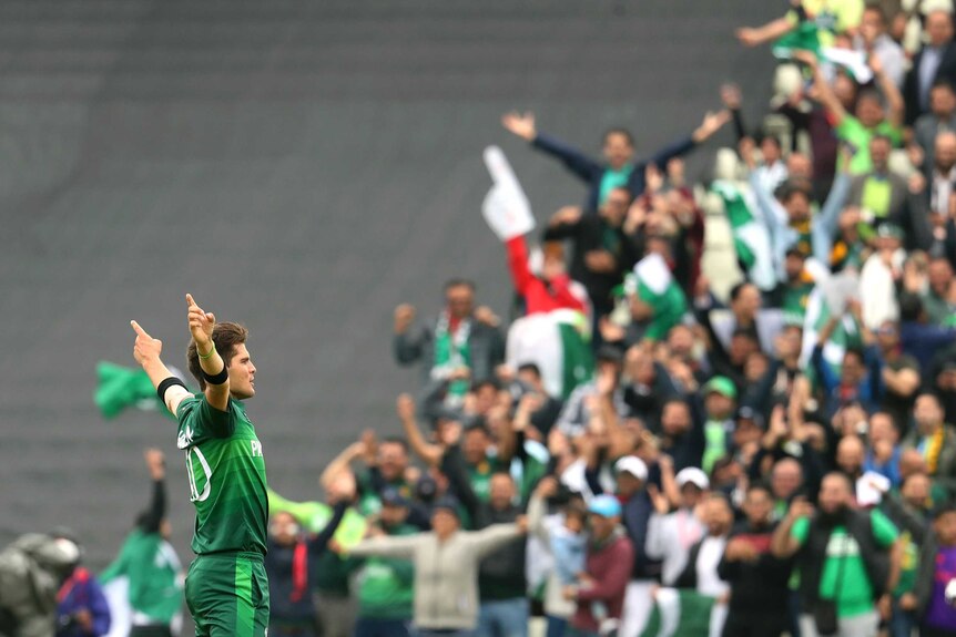 A bowler raises his arms in triumph after a wicket, as the fans in the stands go wild.