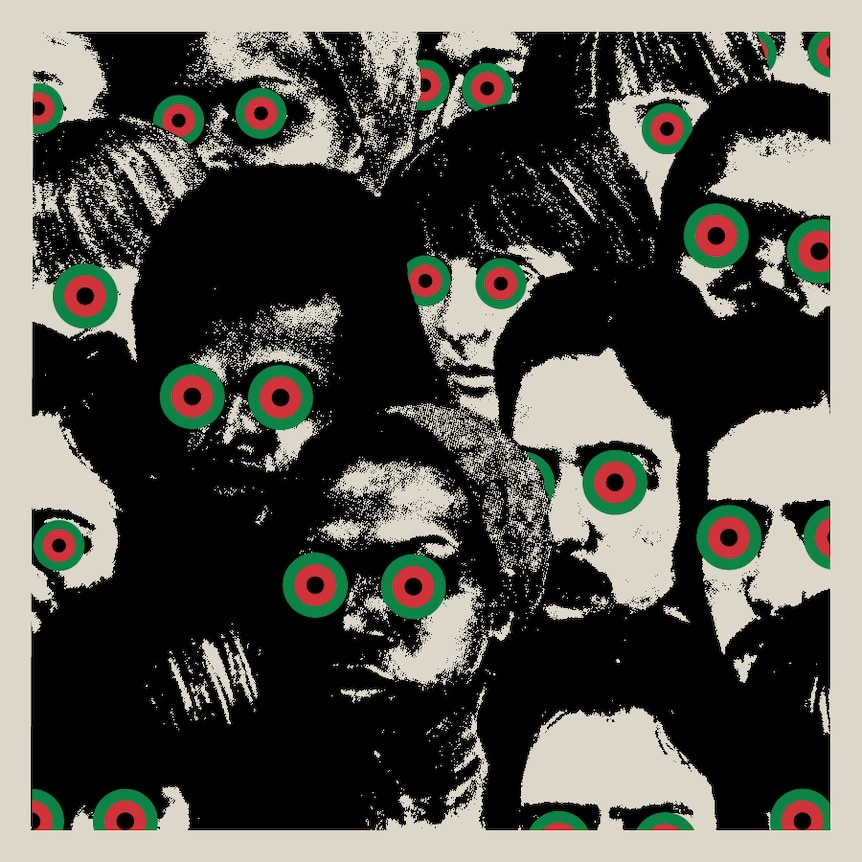 An album cover featuring a number of faces with eyes in the colour of the Pan-African flag