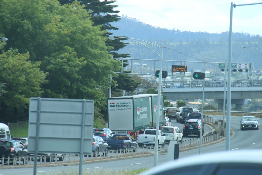 Traffic jam on the approach to the Tasman Bridge on the Tasman Highway in Hobart