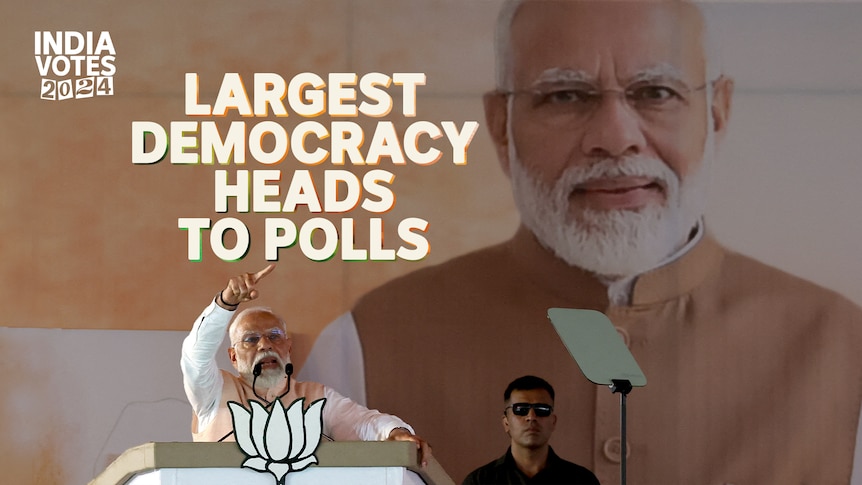 Text reads: Largest democracy heads to polls. An image shows Narendra Modi speaking at a podium.